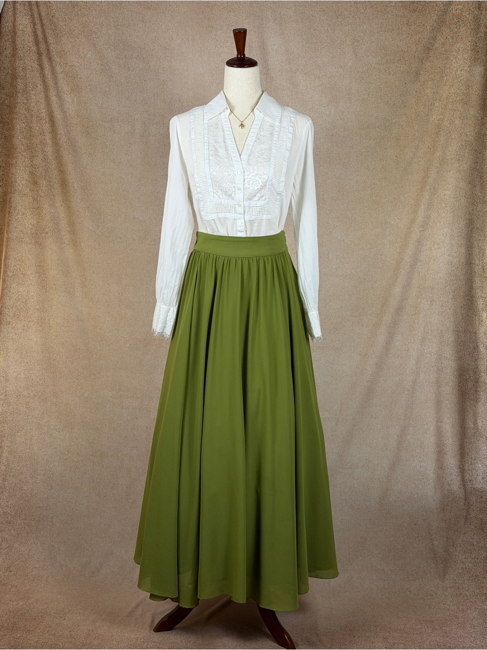 Vintage Anthropologie, Olive Green Chiffon Maxi Skirt